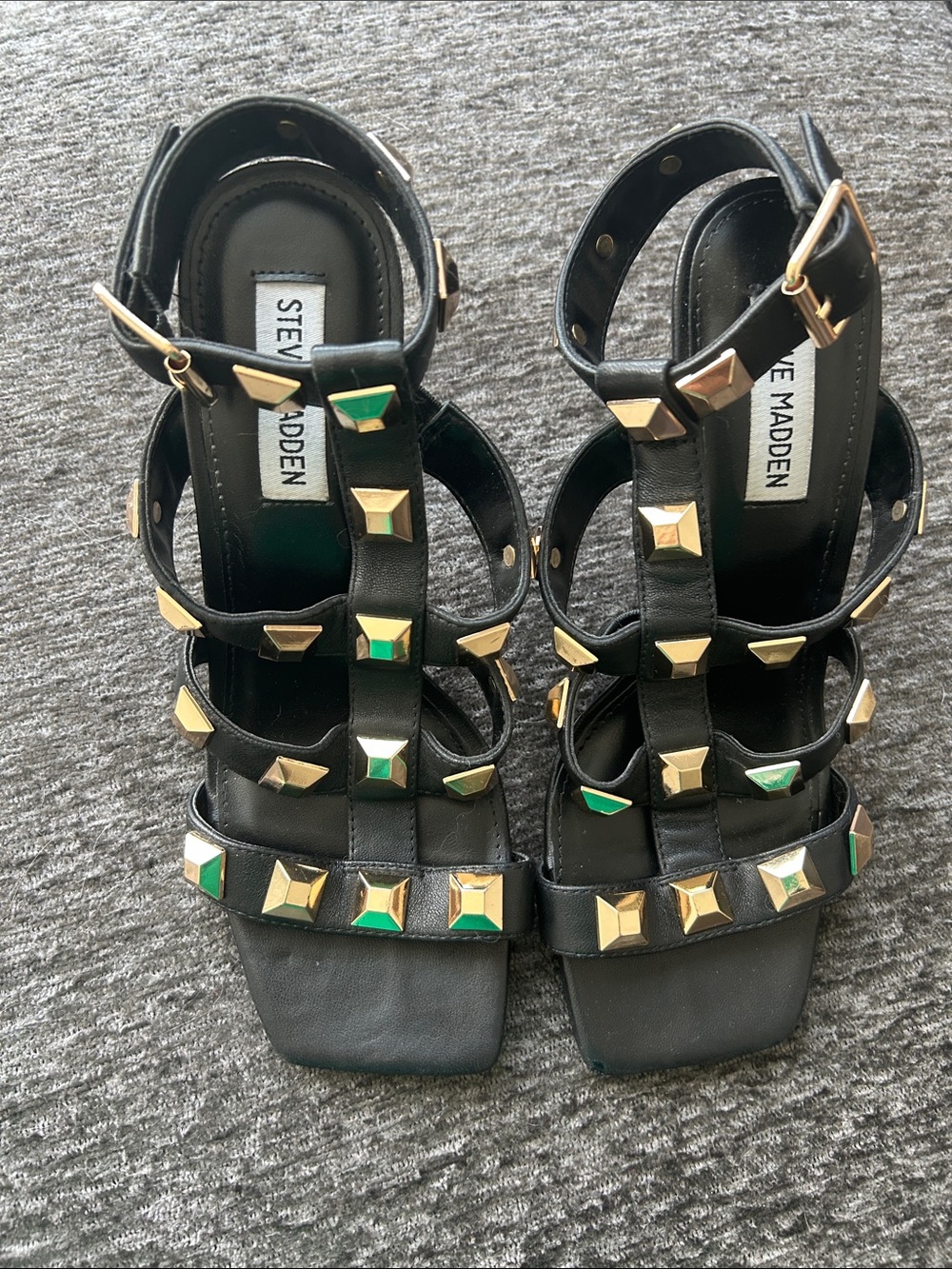 Steve Madden Black Strappy Heels with Gold Pyramid Studs